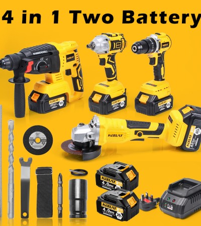 KEELAT四合一无刷无绳冲击扳手冲击钻旋转锤钻角磨机同电池一箱工具套装，带20V 4.0Ah锂离子电池